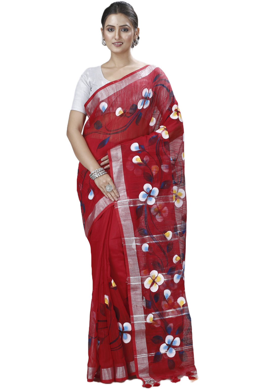 Red Blended Cotton Tonika Hand Painted Saree (1220)